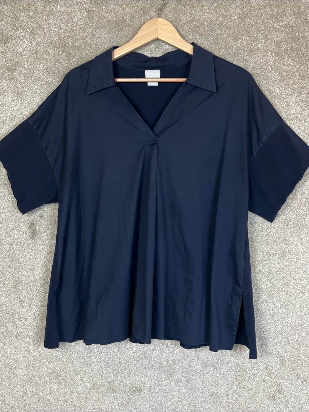 Chico's Shirt Womens 2 Blue Short Sleeve Collared Pullover Stretch- 5263